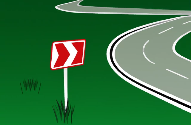 Simple illustration of a road turning through a green field